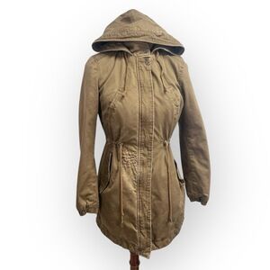 Brown / Olive Green Hooded Parka Jacket. Cargo utility, Sashiko Visible Mending